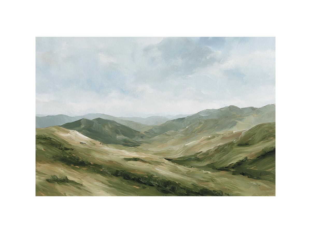 Green mountain landscape canvas art for calm modern living room decor.
