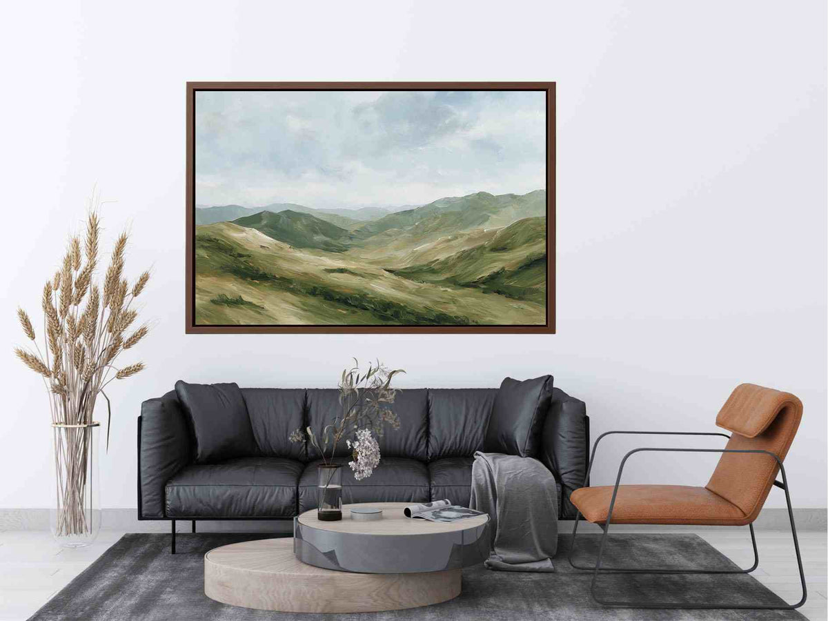 Green mountain landscape canvas art for calm modern living room decor.