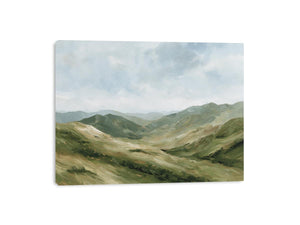 Green mountain landscape canvas art for calm modern living room decor.