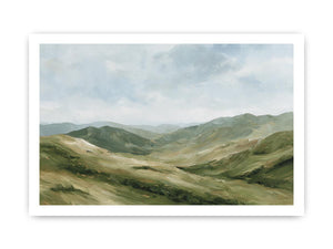 Green mountain landscape canvas art for calm modern living room decor.