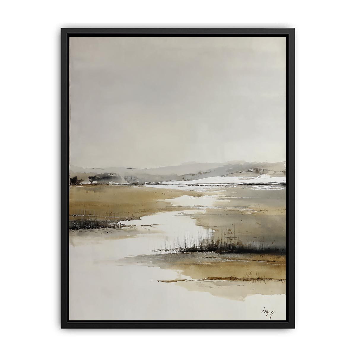 Neutral marsh landscape canvas art for calm minimalist bedroom decor.