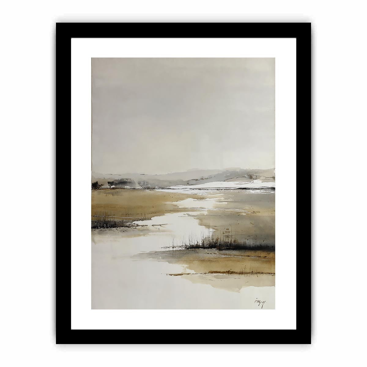 Neutral marsh landscape canvas art for calm minimalist bedroom decor.