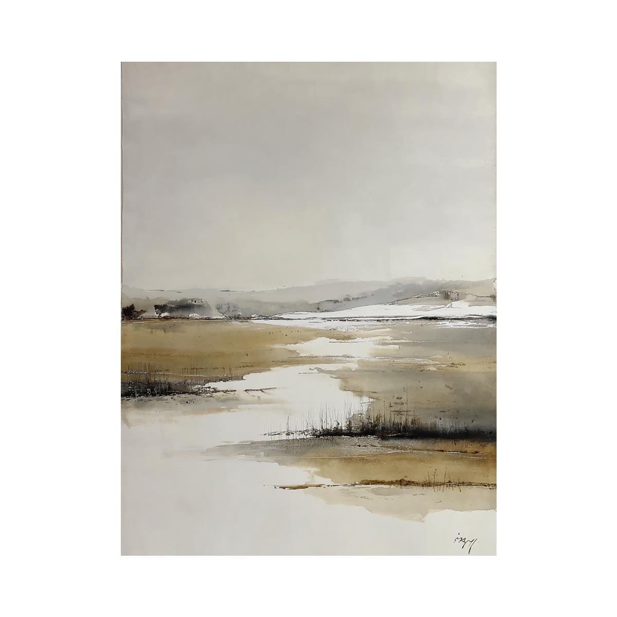 Neutral marsh landscape canvas art for calm minimalist bedroom decor.
