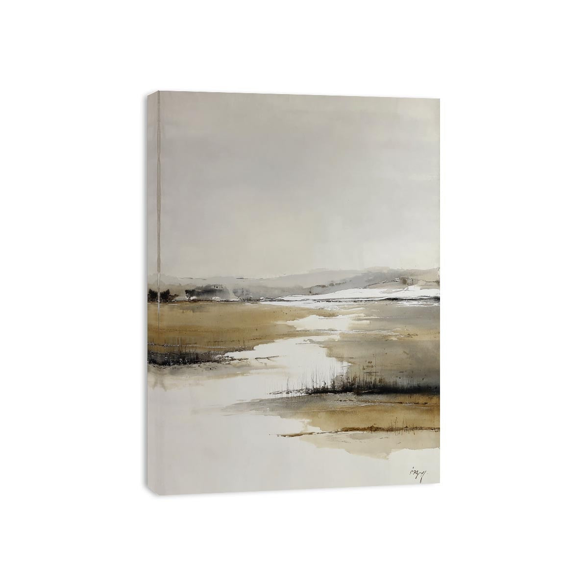 Neutral marsh landscape canvas art for calm minimalist bedroom decor.