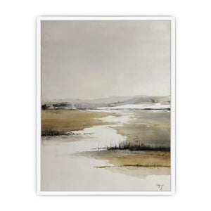 Neutral marsh landscape canvas art for calm minimalist bedroom decor.