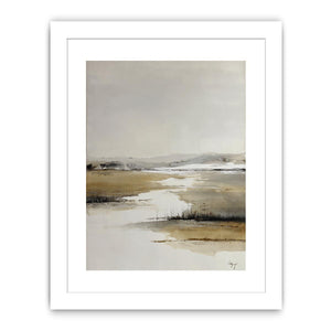 Neutral marsh landscape canvas art for calm minimalist bedroom decor.