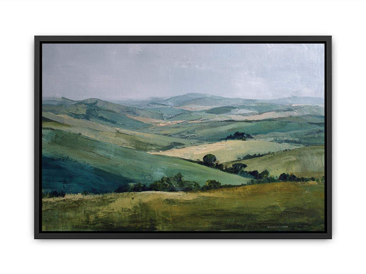 Green countryside landscape canvas art for farmhouse living room decor.