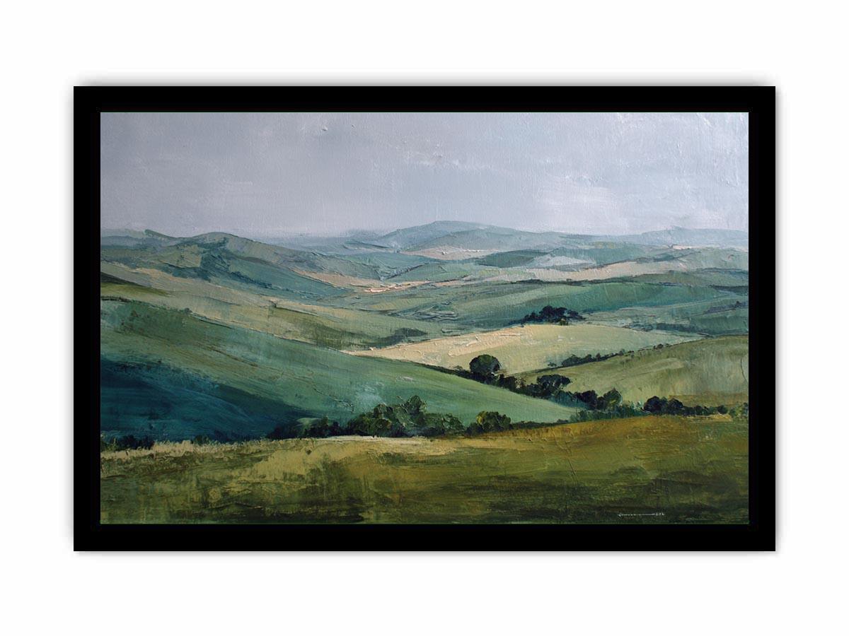 Green countryside landscape canvas art for farmhouse living room decor.