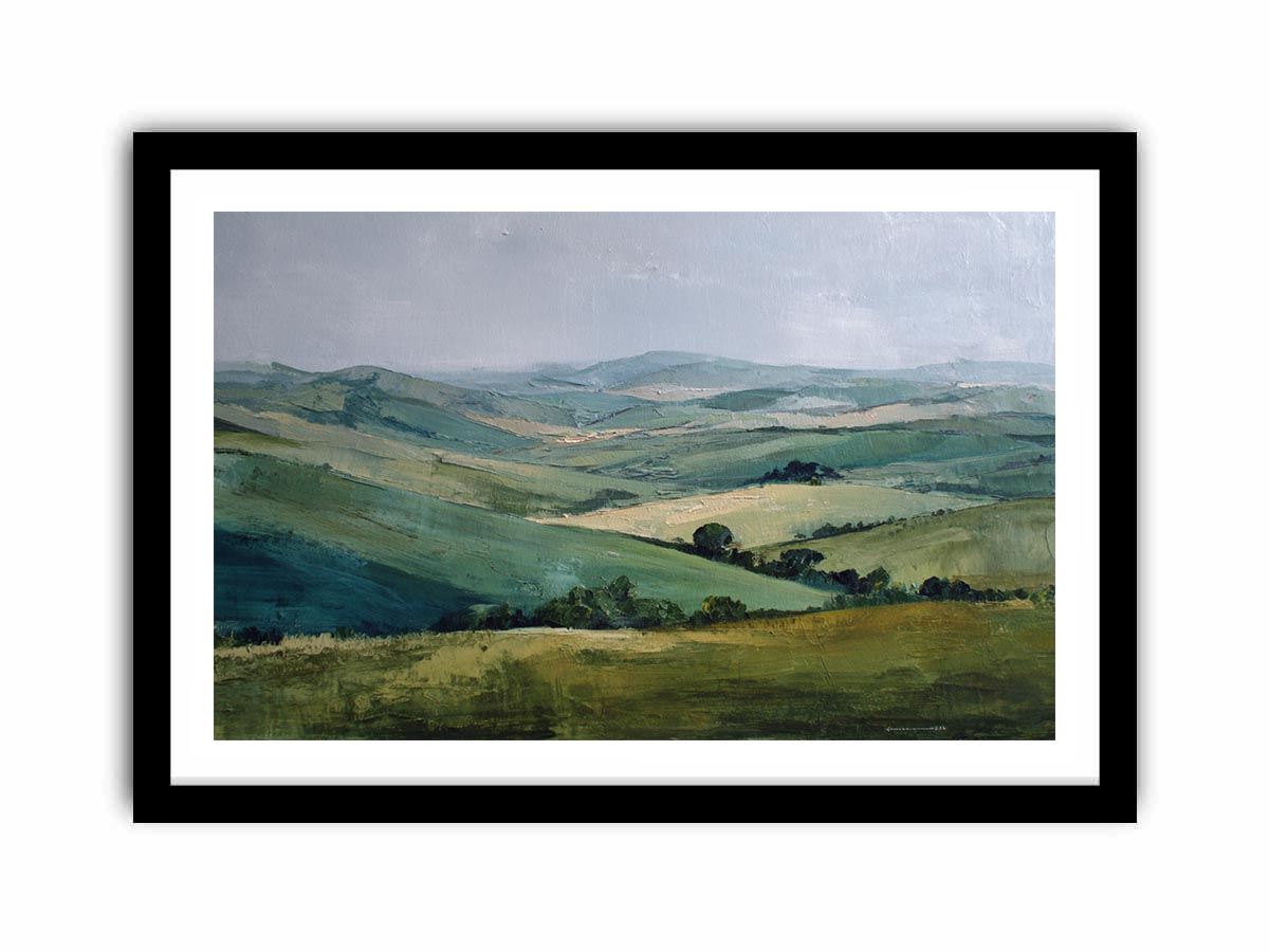 Green countryside landscape canvas art for farmhouse living room decor.