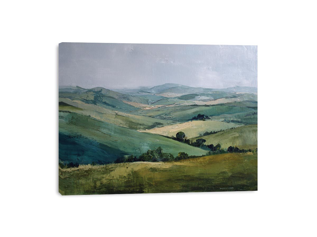 Green countryside landscape canvas art for farmhouse living room decor.