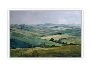 Green countryside landscape canvas art for farmhouse living room decor.