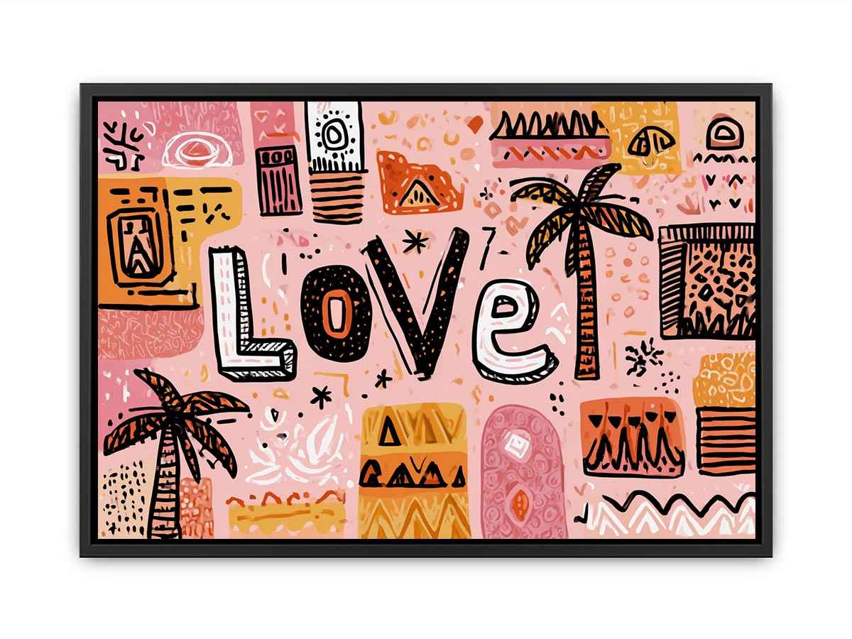 Playful love typography wall art with tropical palms for colourful bedroom decor.