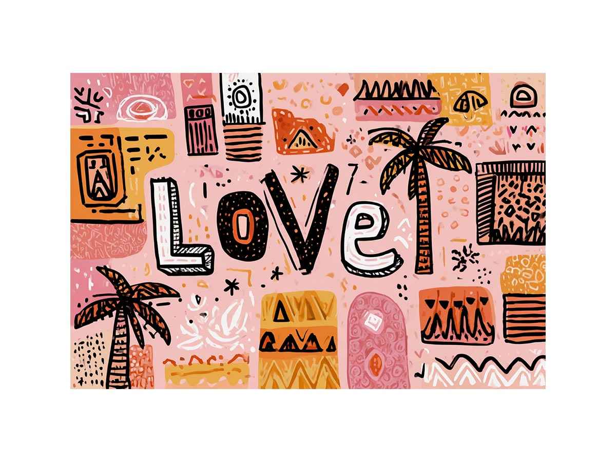 Playful love typography wall art with tropical palms for colourful bedroom decor.