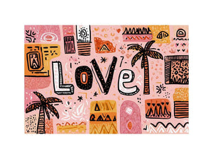 Playful love typography wall art with tropical palms for colourful bedroom decor.