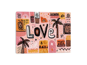 Playful love typography wall art with tropical palms for colourful bedroom decor.