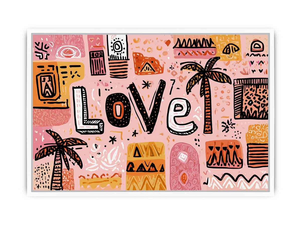 Playful love typography wall art with tropical palms for colourful bedroom decor.