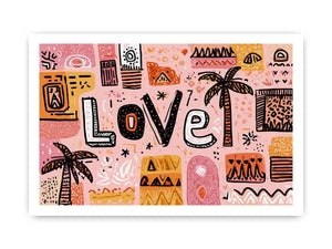 Playful love typography wall art with tropical palms for colourful bedroom decor.