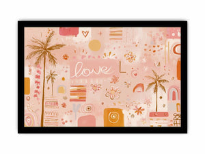 Soft tropical love wall art with palms and flowers for blush bedroom decor.