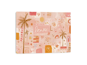 Soft tropical love wall art with palms and flowers for blush bedroom decor.