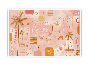 Soft tropical love wall art with palms and flowers for blush bedroom decor.