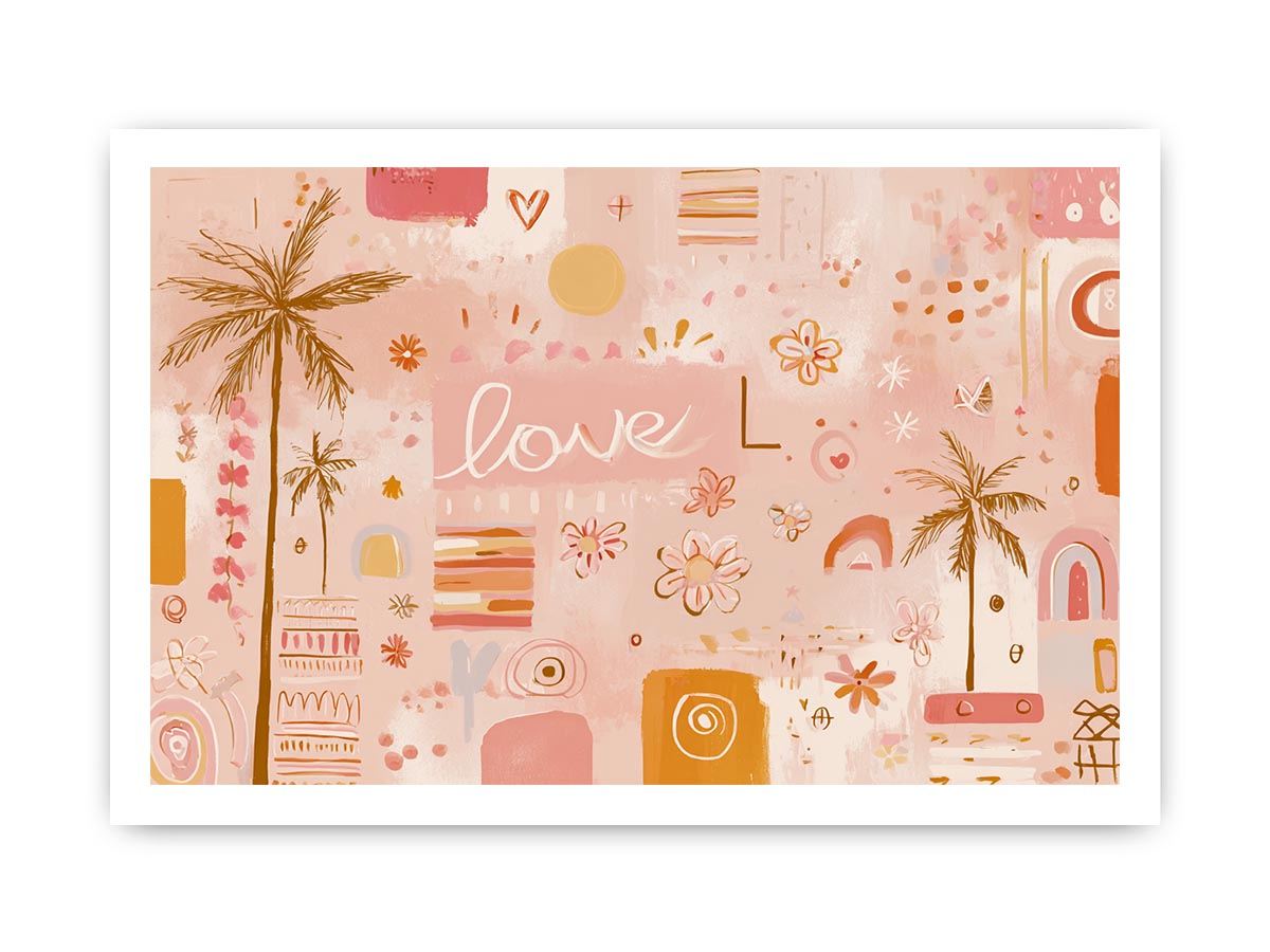 Soft tropical love wall art with palms and flowers for blush bedroom decor.