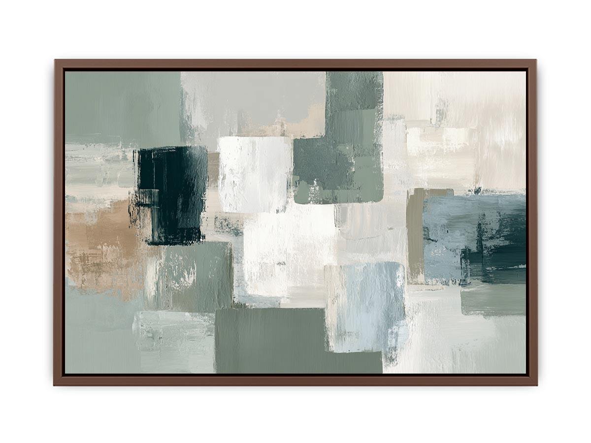 Neutral sage abstract canvas art with soft blocks for modern living room decor.