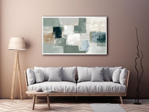 Neutral sage abstract canvas art with soft blocks for modern living room decor.
