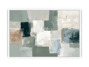 Neutral sage abstract canvas art with soft blocks for modern living room decor.