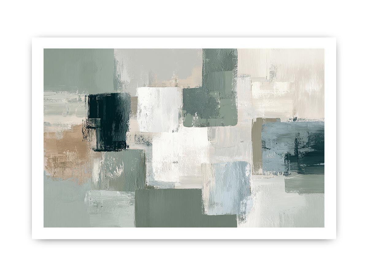 Neutral sage abstract canvas art with soft blocks for modern living room decor.