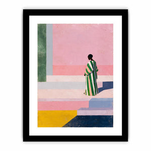 Stylish woman in striped robe canvas art for colourful modern hallway decor.