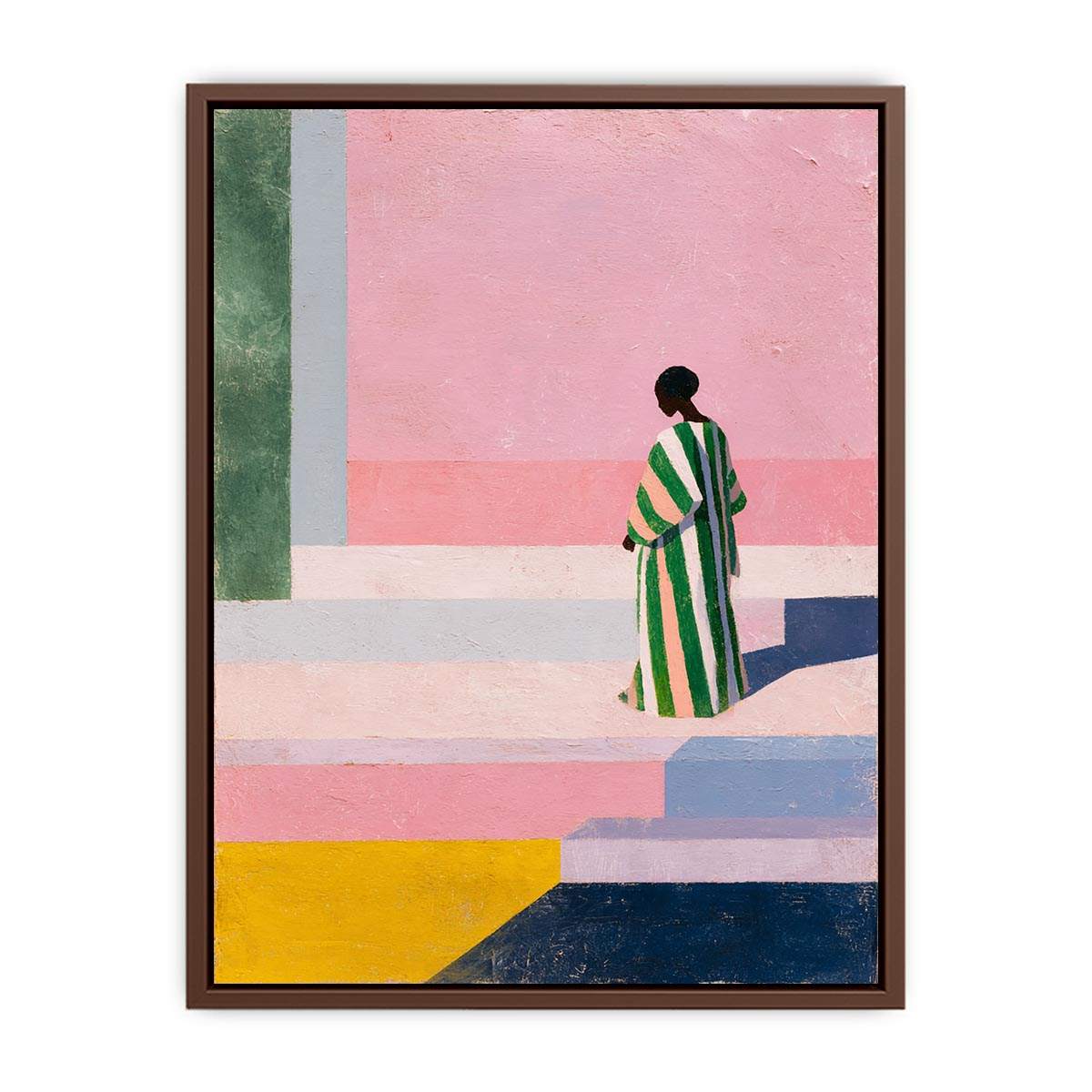 Stylish woman in striped robe canvas art for colourful modern hallway decor.