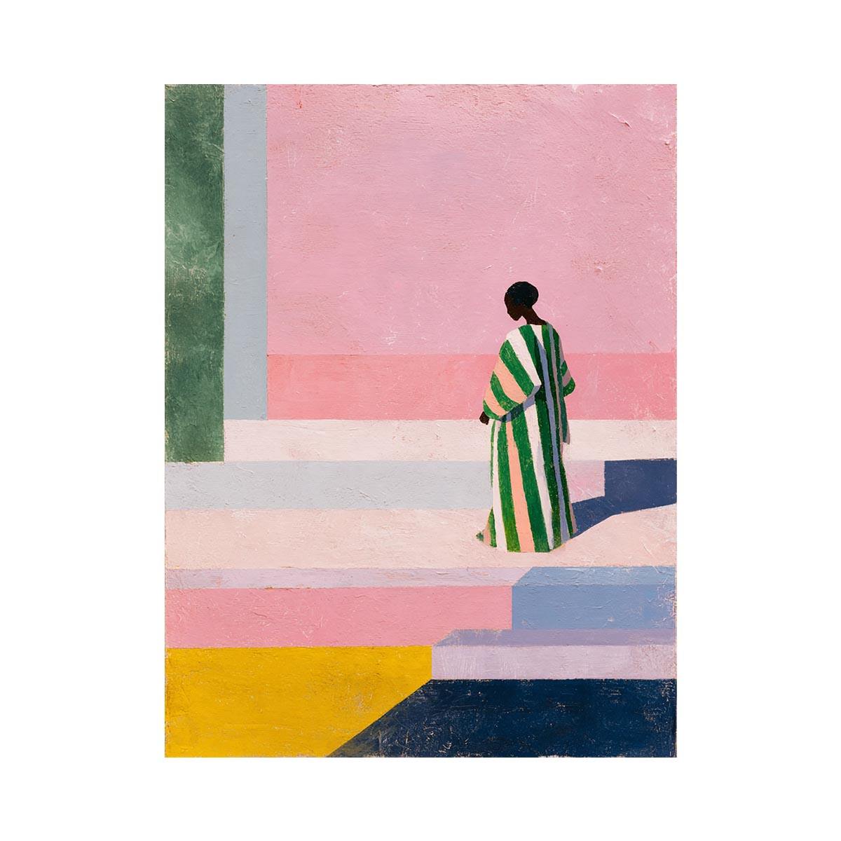 Stylish woman in striped robe canvas art for colourful modern hallway decor.