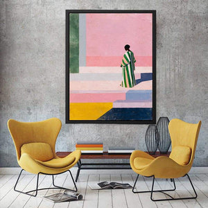 Stylish woman in striped robe canvas art for colourful modern hallway decor.