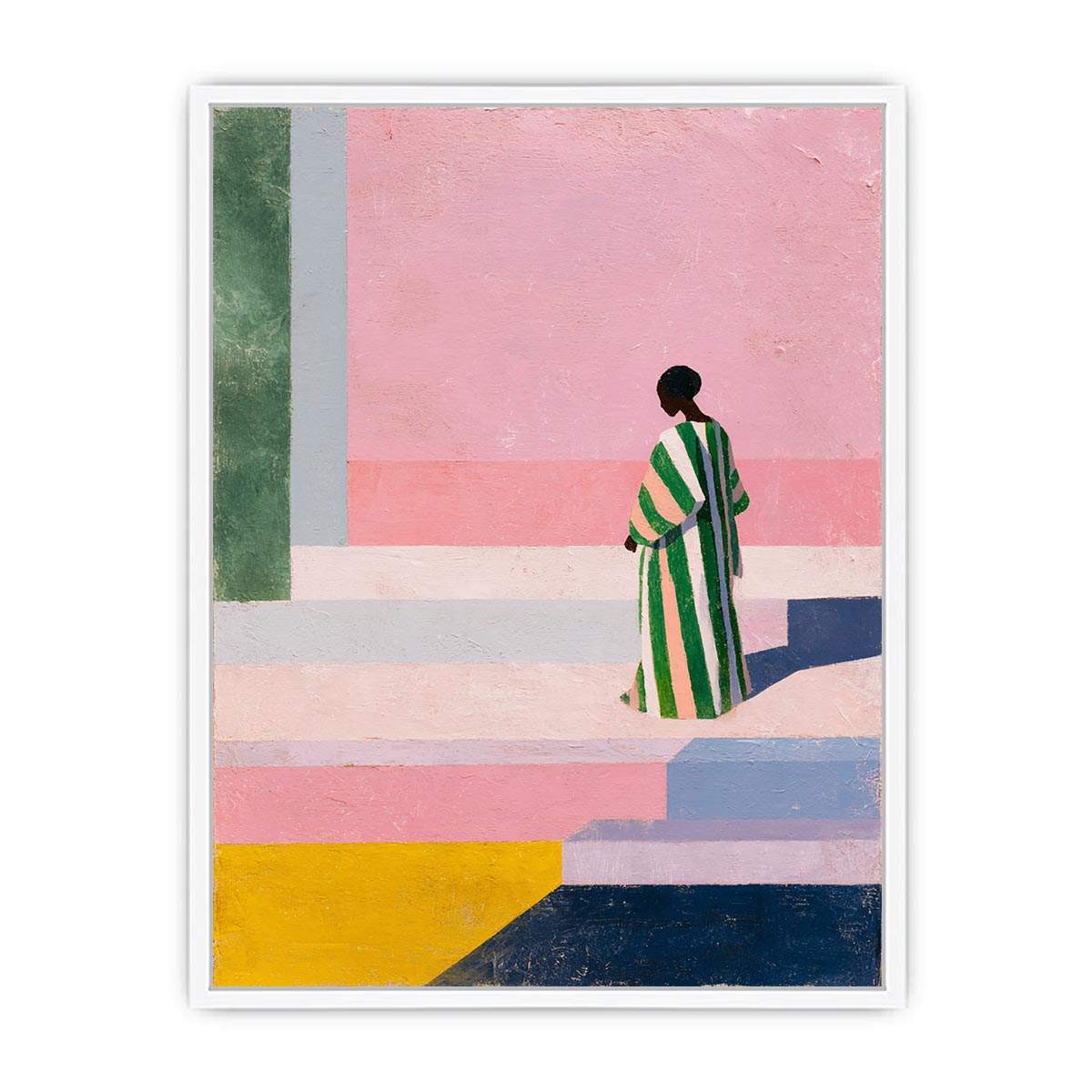 Stylish woman in striped robe canvas art for colourful modern hallway decor.