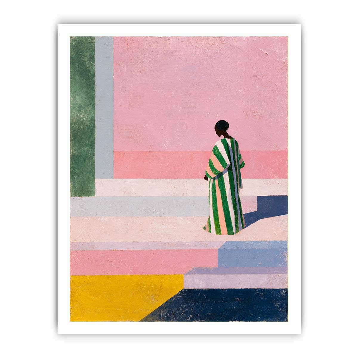 Stylish woman in striped robe canvas art for colourful modern hallway decor.