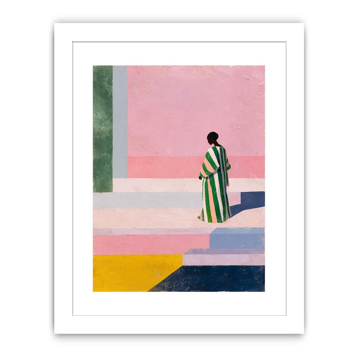 Stylish woman in striped robe canvas art for colourful modern hallway decor.