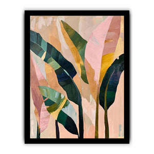 Abstract tropical leaf canvas art in blush and green for modern bedroom decor.
