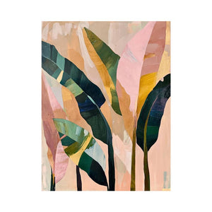 Abstract tropical leaf canvas art in blush and green for modern bedroom decor.