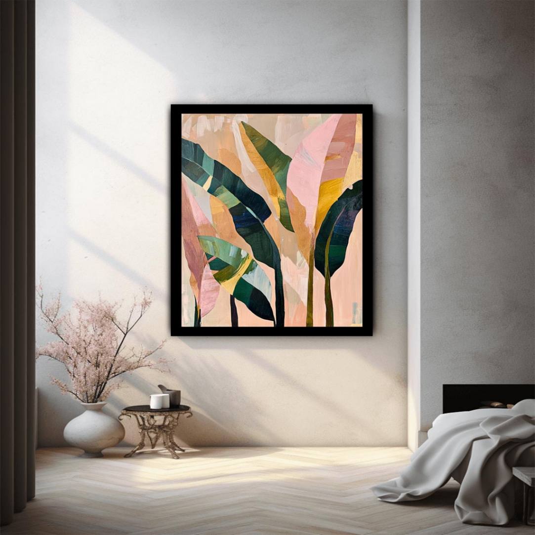 Abstract tropical leaf canvas art in blush and green for modern bedroom decor.