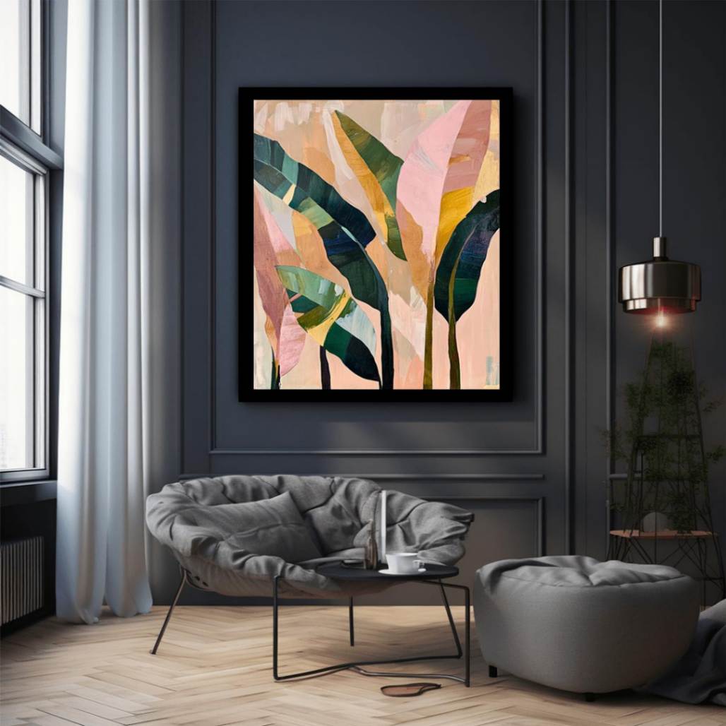Abstract tropical leaf canvas art in blush and green for modern bedroom decor.