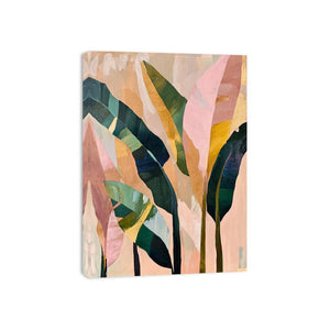 Abstract tropical leaf canvas art in blush and green for modern bedroom decor.