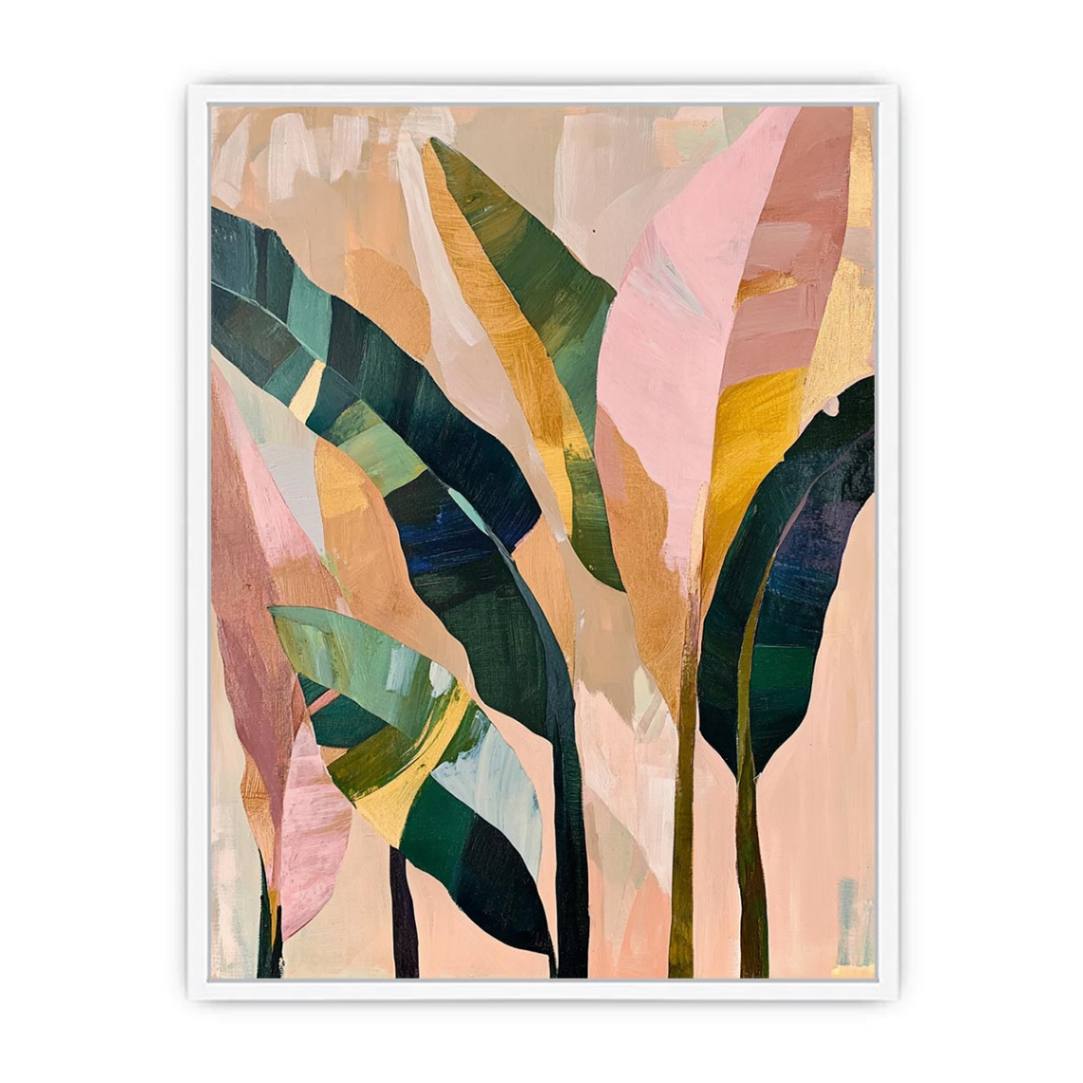 Abstract tropical leaf canvas art in blush and green for modern bedroom decor.