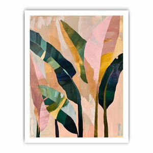 Abstract tropical leaf canvas art in blush and green for modern bedroom decor.
