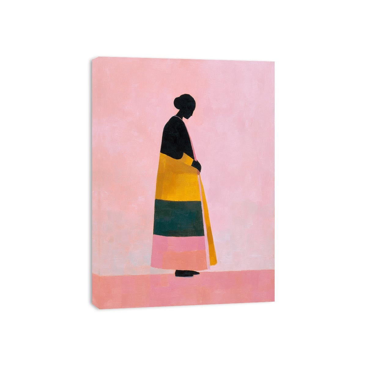 Minimal woman silhouette canvas art with bold colours for modern bedroom decor.