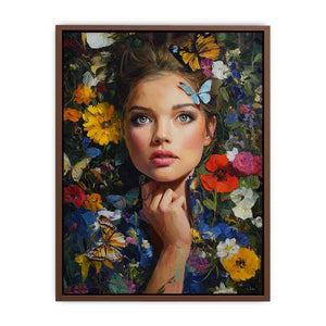 Floral woman portrait canvas art with butterflies for elegant bedroom decor.