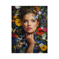 Floral woman portrait canvas art with butterflies for elegant bedroom decor.