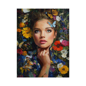 Floral woman portrait canvas art with butterflies for elegant bedroom decor.