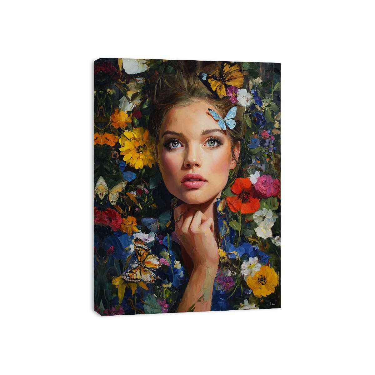 Floral woman portrait canvas art with butterflies for elegant bedroom decor.