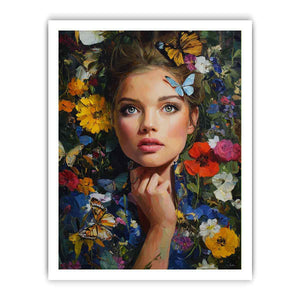 Floral woman portrait canvas art with butterflies for elegant bedroom decor.