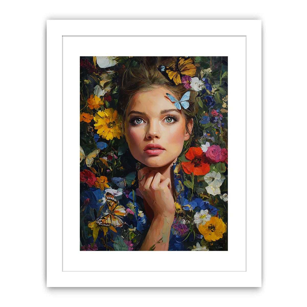Floral woman portrait canvas art with butterflies for elegant bedroom decor.
